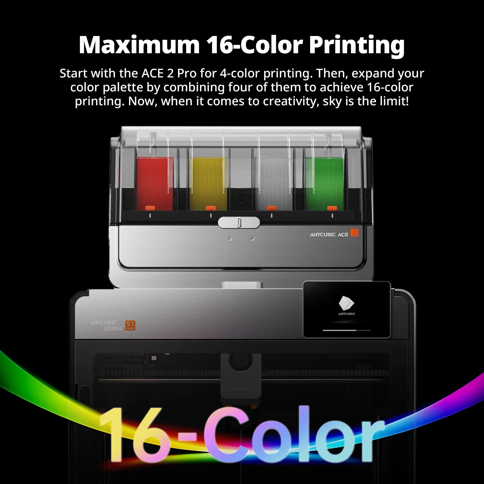 Anycubic Kobra S1 Max Combo Multicolor 3D Printer Max 600mm/s Fast Speed with 350℃ Hotend Hardened Steel Nozzle, 350×350×350mm